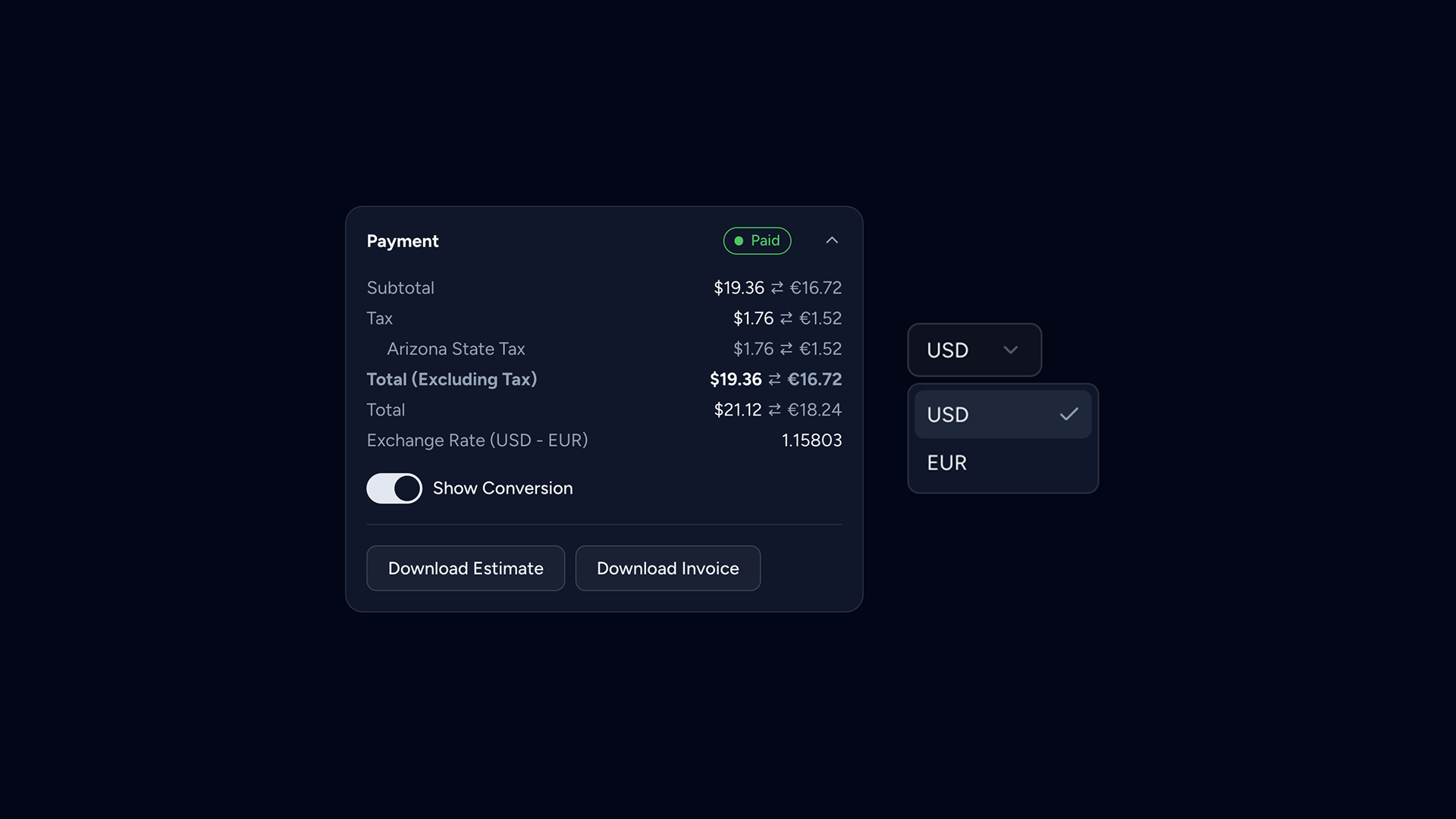 Multi-currency support thumbnail displaying a card containing pricing with currency conversion